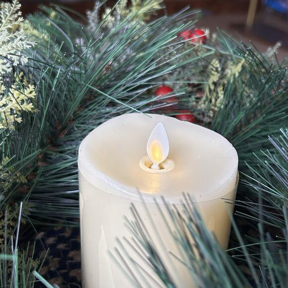 Luminara 4.5" Pillar Flameless Candle + Christmas 18" Wreath Red Berries Pines - Picture 12 of 12